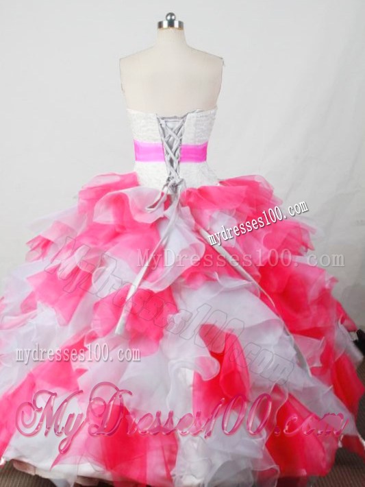 Handmade Flower Ruffles Quinceanera Dresses Hot Pink and White